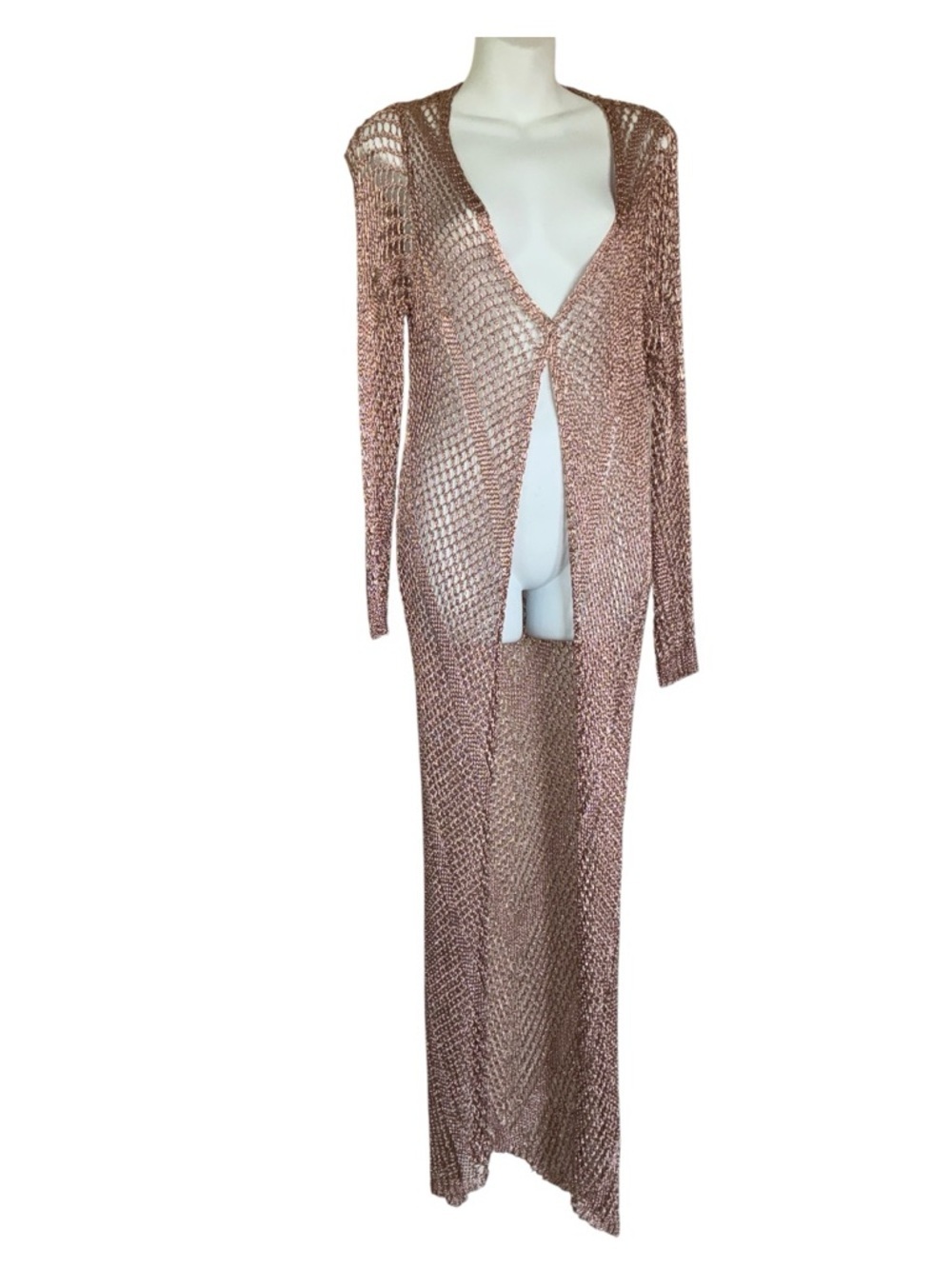 lovegen duster, women M EUC, long metallic intricately knit copper thread.